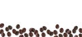 Background with isolated realistic coffee beans, top table view, bottom of the composition