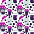 Background jam made of black currant, jars, jam, seaming . Used in textile illustration, kitchen illustration, gift