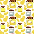 Background jam made of lemons, jars, jams, rolls. Used in textile illustration, kitchen illustration, gift wrapping