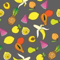 Background with juicy fruits. Fruit seamless pattern. Vector illustration Royalty Free Stock Photo
