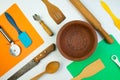 Background of kitchen utensils on white wooden kitchen table. tools. Top view. Royalty Free Stock Photo