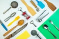 Background of kitchen utensils on white wooden kitchen table. tools. Top view. Royalty Free Stock Photo
