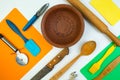 Background of kitchen utensils on white wooden kitchen table. tools. Top view. Royalty Free Stock Photo