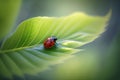 The background of a ladybugs green leaf is blurry