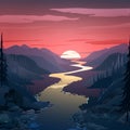 Background with landscape. The river flows from afar, mountains and spruce forest. Background with dawn Royalty Free Stock Photo