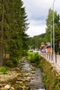 Background landscape view of a mountain stream in the resort of Pec pod Snezkoy,