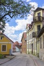 Background landscape view of old streets with wooden houses in the town of Cesis