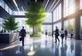 Background of a large office and people walking in a modern office building with green trees and sunlight Royalty Free Stock Photo
