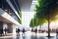 Background of a large office and people walking in a modern office building with green trees and sunlight Royalty Free Stock Photo