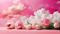 Background of large pink tulips on a pink background. Tulips and clouds. Spring fresh tulip flower large field at dawn Royalty Free Stock Photo