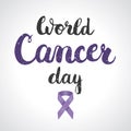 Background with lavender awareness ribbon symbol of 4th February World Cancer Day with concept ribbon and lettering