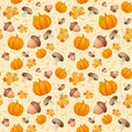 Background with leaves, acorns and pumpkins.