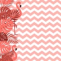 Background with leaves and zigzags lines in vibrant coral color. Design for postcard, poster, banner