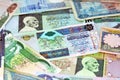 Background of Libyan money dinars banknotes with portraits of Omar Al-Mukhtar on some banknotes