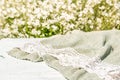 background of a light tablecloth, with White flowers in the garden. festive table setting. table setting details.Blurred bokeh Royalty Free Stock Photo