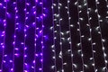 Texture of lilac and white garlands with glowing bulbs on the wall