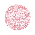 Background With Line Icons of Food Like Sausage, Cake, Donut, Croissant, Bacon, Muffins, Coffee, Salad etc. Royalty Free Stock Photo