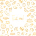 Background With Line Icons of Food Like Sausage, Cake, Donut, Croissant, Bacon