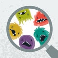 Background with little angry viruses and magnifier