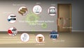 Background of living room with info graphics of various types surfaces where virus can live, such as steel, wood, plastic,