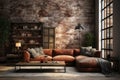 Background, loft style interior with brick wall and leather sofa. AI generative Royalty Free Stock Photo