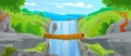 Background with a log bridge between cliffs with a waterfall for game design