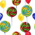 Background lollipops. Seamless pattern children`s party. watercolor illustration.