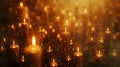 Background with a lot of burning candles and bokeh. Warm candlelight vigil, memorial, spiritual, mystical atmosphere