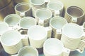 Background, A lot of empty plastic cups. The kitchen is in the cafe. Royalty Free Stock Photo