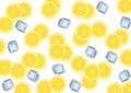 Background with a lot of yellow citrus lemons and ice cubes on the white groundwork