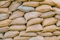 Background of lying dirty sandbags. Bags to strengthen the defensive structure during the battle. Sandbag flood protection wall