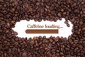 Background made of coffee beans with a loading bar and message `Caffeine loading...`