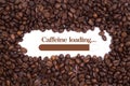 Background made of coffee beans with a loading bar and message `Caffeine loading...`