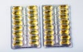 Packs of tablets and pills in white yellow blue and brown color Royalty Free Stock Photo