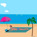 Background man with laptop sunbathing on the beach