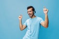 Background man lifestyle music fun blue sing studio copy t-shirt happy space headphone portrait online