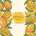 Background with mango, vector illustration. Whole mango, slices, leaves, hand drawing. Frame with exotic tropical yellow Royalty Free Stock Photo