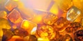 Background of many amber gems in yellow light. Horizontal pattern