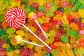 background of many bright and colored jelly sweets with free space for text