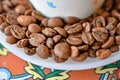 Background with many coffee beans and a cup