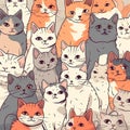 Background with many cute different cats in cartoon style, nice children wallpaper, baby products packaging