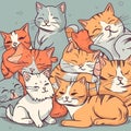 Background with many cute different cats in cartoon style, nice children wallpaper,