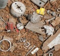 background of many scrap and old rusted usable iron tools Royalty Free Stock Photo