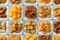 Background of many types of savory snacks in white square dishes