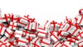 Background with many white with red ribbon gift boxes Royalty Free Stock Photo