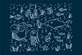 Background of marine life in vector. Hand-drawn marine animals, fish, and life under water. Cartoon sea bottom for your Royalty Free Stock Photo