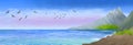 Background with maritime landscape with mountain, sea and seagulls.