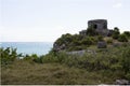 Background of a Mayan ruin of Tulum with the Caribbean Sea, this is a pre-Columbian civilization that left a great legacy of Royalty Free Stock Photo