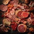 Background meat delicacies, appetizing tasty pieces and slices of different sausages, ham, jamon, smoked meat on black, flatley,