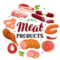 Background with meat products. Illustration of sausages, bacon and ham Royalty Free Stock Photo